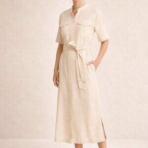 Rag & Bone Selma Linen Blend Belted Midi Shirt Dress Neutral Utility Size L